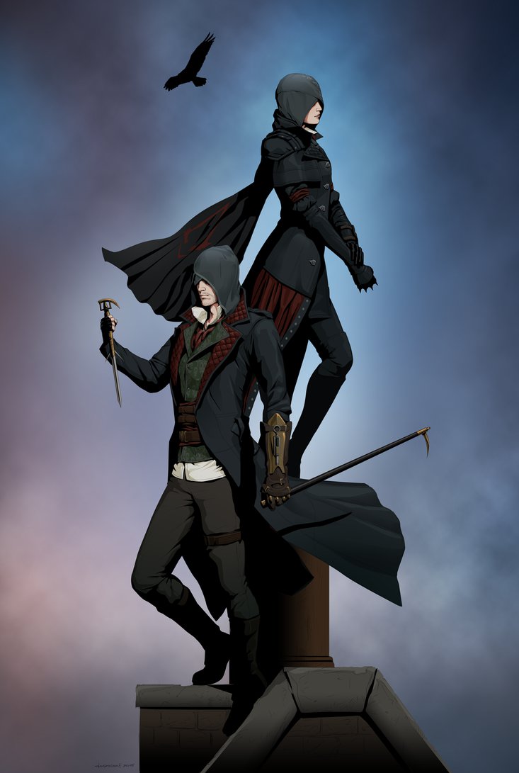 1boy 1girl animal assassin's_creed assassin's_creed_(series) belt bird brother_and_sister cane cape evie_frye gb_(doubleleaf) hood jacob_frye rooftop siblings sky standing weapon