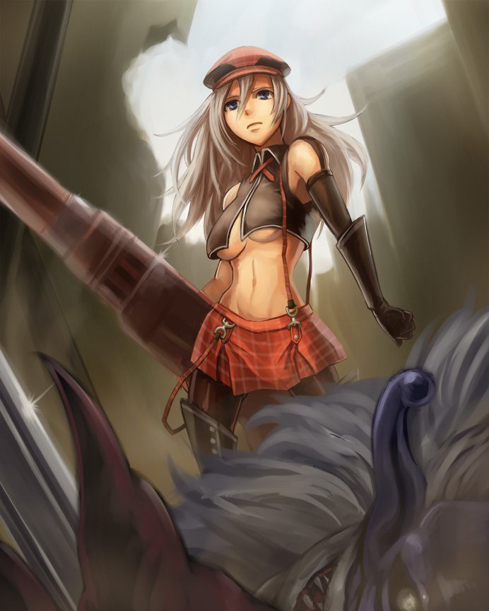 1girl alisa_ilinichina_amiella blue_eyes boots breasts cabbie_hat elbow_gloves fingerless_gloves gloves god_eater gun hat huge_weapon long_hair navel nyaasora pantyhose plaid silver_hair skirt solo suspender_skirt suspenders thigh-highs thigh_boots under_boob weapon
