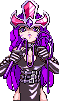 90s animated animated_gif belt bouncing_breasts breasts cleavage crown data_east dominatrix empress_(magical_drop) jewel large_breasts long_gloves magical_drop pixel_art purple_hair snk thigh-highs violet_eyes whip