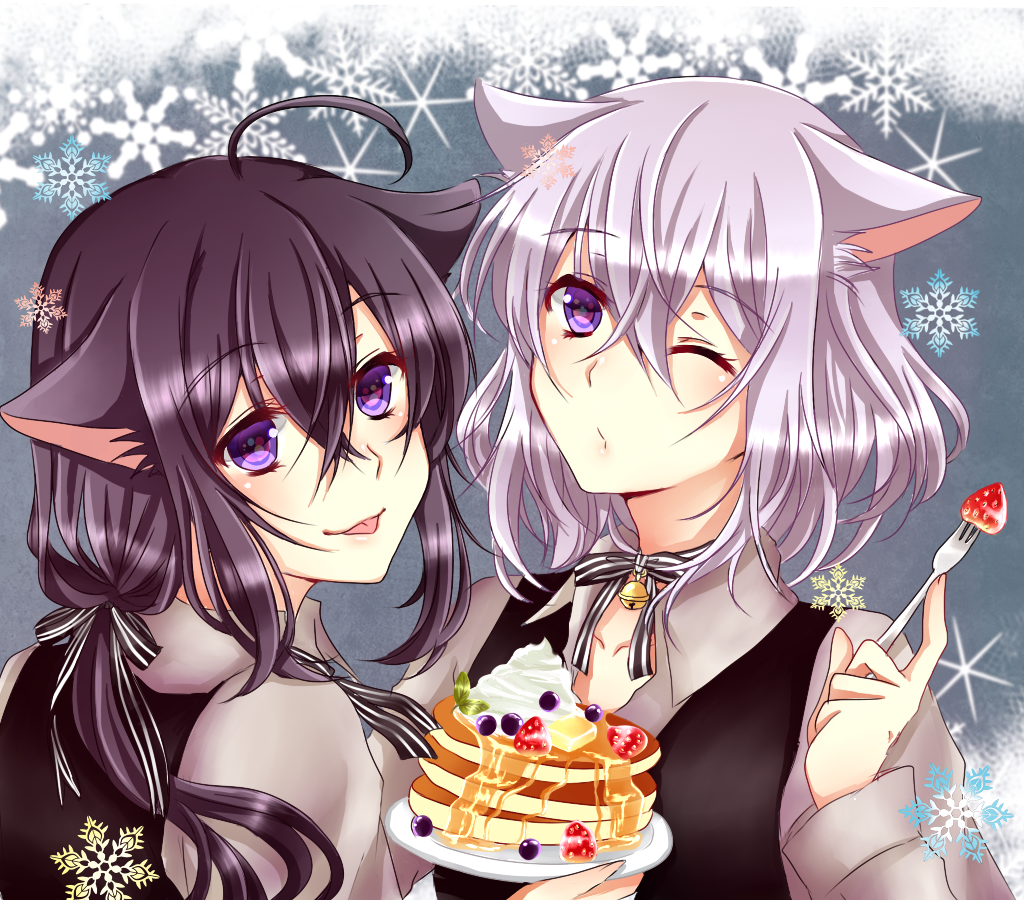 2boys :p ahoge animal_ears bell black_hair blueberry cat_ears food fork fruit hair_ribbon harusaki8422 honebami_toushirou kemonomimi_mode leaf looking_back male_focus multiple_boys namazuo_toushirou one_eye_closed pancake ponytail ribbon snowflakes stack_of_pancakes strawberry tongue tongue_out touken_ranbu upper_body violet_eyes whipped_cream white_hair