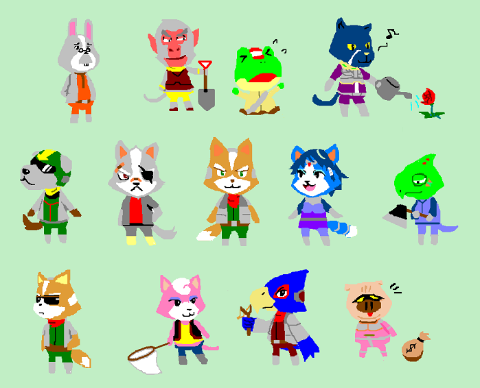 2girls 6+boys andrew_oikonny bill_grey blue_hair bodysuit boots crossover doubutsu_no_mori falco_lombardi flower fox_mccloud furry gem gloves group hair_ornament helmet jacket james_mccloud jewelry katt_monroe krystal leon_powalski multiple_boys multiple_girls net nintendo panther_caroso parody peppy_hare pigma_dengar plant short_hair slippy_toad star_fox sunglasses wolf_o'donnell