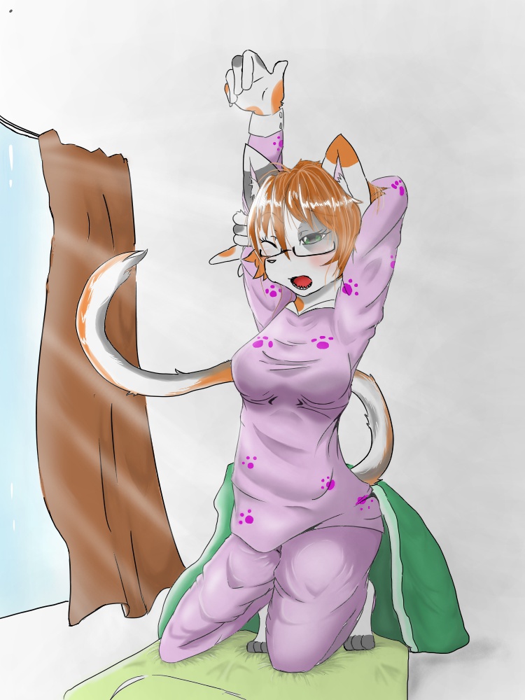 1girl artist_request breasts cat female full_body furry green_eyes long_hair one_eye_closed open_mouth orange_hair pajamas solo waking_up yawning