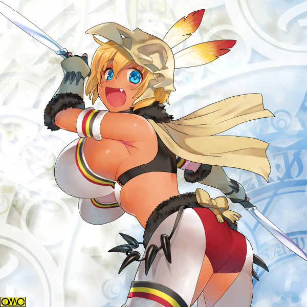 armband artist_name blonde_hair blue_eyes bowtie breasts claws dark_skin fang feathers fur gloves huge_breasts knife looking_at_viewer omc open_mouth sideboob skull weapon