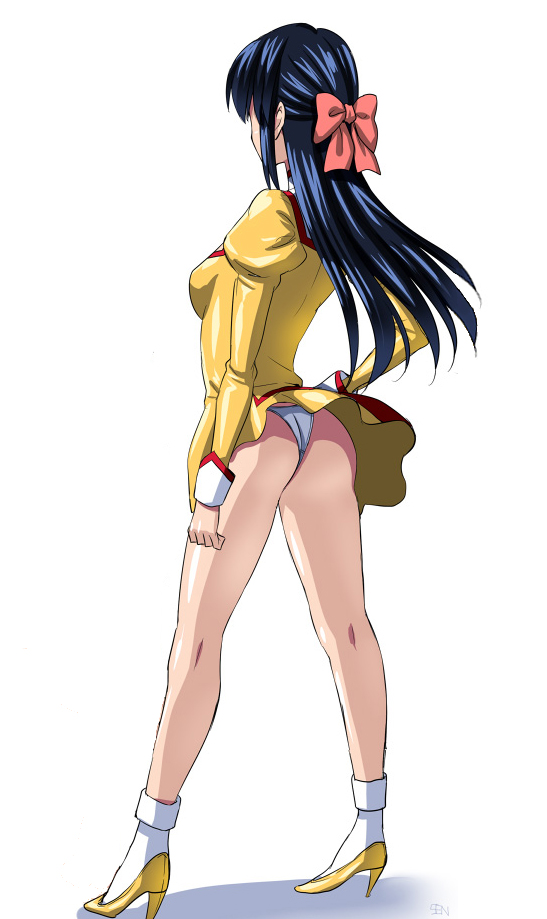 1girl 90s agent_aika anzu_(onelelee) ass back bare_legs black_hair blush delmo dress female full_body gold_delmo golden_delmo hair_ribbon high_heels legs long_hair looking_at_viewer looking_back panties pantyshot petoriyacowa_rie pixiv ribbon sen_(sansui) shiny shiny_skin short_dress simple_background skin_tight skirt solo standing thong underwear uniform upskirt very_long_hair white_panties wind_lift