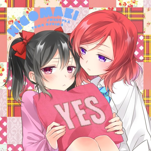 2girls bangs black_hair blush bow bowtie breasts cardigan cowboy_shot curtains eye_contact from_side frown hair_bow half-closed_eyes hand_on_another's_chin incipient_kiss indoors long_sleeves looking_at_another love_live!_school_idol_project multiple_girls nervous nishikino_maki ooshima_tomo orange_eyes pink_hair plaid plaid_skirt pleated_skirt profile school_uniform shirt short_hair short_sleeves short_twintails skirt sleeves_past_wrists small_breasts striped sweatdrop sweater_vest twintails violet_eyes wide-eyed window yazawa_nico yuri