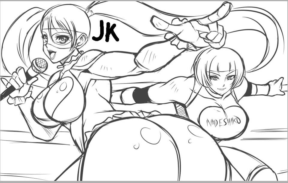 2girls ass bare_shoulders breasts cleavage domino_mask female huge_ass huge_breasts jadenkaiba long_hair mask monochrome multiple_girls open_mouth rainbow_mika short_hair sketch smile street_fighter street_fighter_v toned twintails yamato_nadeshiko_(street_fighter)