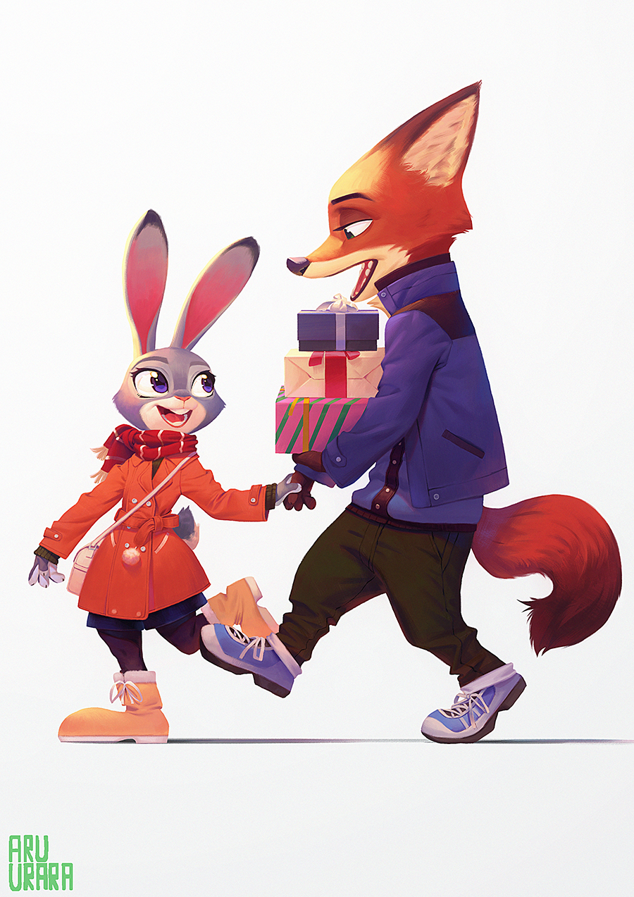 1boy 1girl artist_request box couple disney fox furry green_eyes judy_hopps nick_wilde rabbit scarf violet_eyes winter zootopia