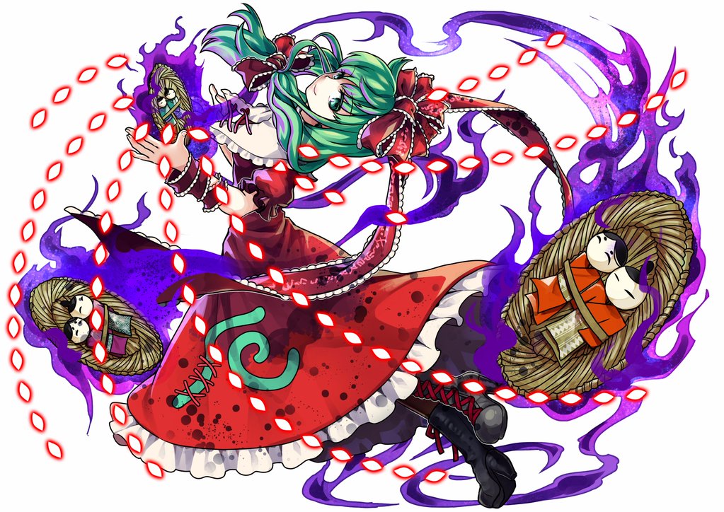 1girl arm_ribbon boots cross-laced_footwear danmaku dress front_ponytail full_body green_eyes green_hair hair_ornament hair_ribbon kagiyama_hina lace-up_boots long_hair looking_at_viewer puffy_sleeves red_dress ribbon short_sleeves smile socha solo touhou white_background