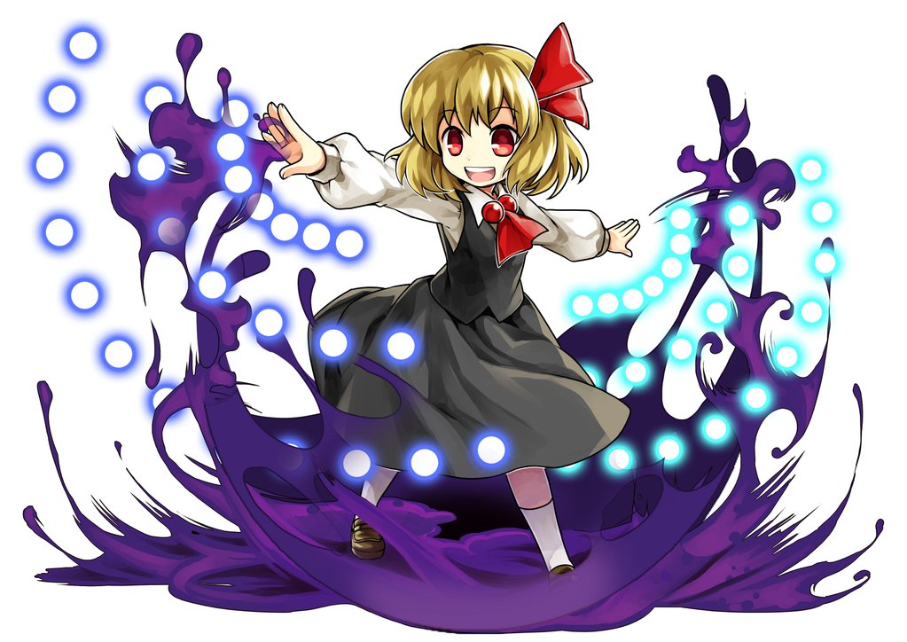 1girl ascot blonde_hair danmaku darkness hair_ornament hair_ribbon kneehighs long_sleeves open_mouth outstretched_arms red_eyes ribbon rumia shirt shoes short_hair skirt skirt_set smile socha solo touhou vest white_background white_legwear