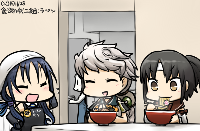 &gt;:d 4girls :d apron bandanna black_hair blue_hair bowl brown_eyes closed_eyes dated eating elbow_gloves food gloves hair_ribbon hamu_koutarou headband kamaboko kantai_collection messy_hair multiple_girls nagara_(kantai_collection) narutomaki noodles open_mouth ramen ribbon ru-class_battleship shinkaisei-kan side_ponytail smile suzukaze_(kantai_collection) translation_request unryuu_(kantai_collection) white_hair