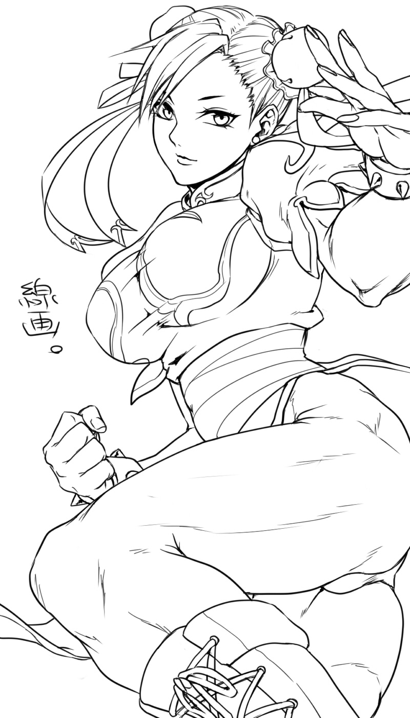 1girl boots bracelet breasts capcom chinese_clothes chun-li cross-laced_footwear double_bun dress earrings female fighting_stance greyscale highres jewelry large_breasts legs lineart monochrome muscle non_(nonzile) panties solo spiked_bracelet spikes street_fighter thick_thighs thighs underwear