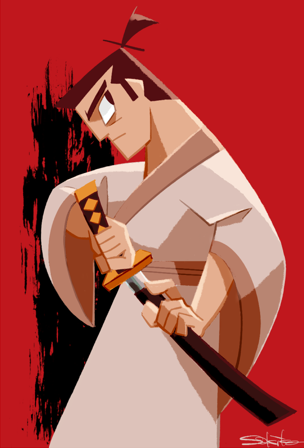 1boy cowboy_shot drawing_sword japanese_clothes male_focus profile red_background sakiko_(gekiama) samurai_jack samurai_jack_(character) signature simple_background solo topknot