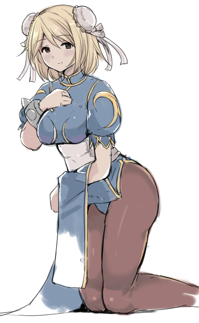 1girl blonde_hair blue_dress blush bracelet brown_eyes bun_cover china_dress chinese_clothes chun-li chun-li_(cosplay) cosplay djeeta_(granblue_fantasy) double_bun dress dress_lift granblue_fantasy hand_on_own_chest high_collar jewelry kneeling pantyhose pelvic_curtain puffy_short_sleeves puffy_sleeves purple_legwear rokuromi short_hair short_sleeves side_slit simple_background smile solo spiked_bracelet spikes street_fighter white_background