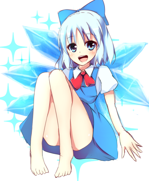 1girl :d barefoot blue_eyes blue_hair blush bow cirno convenient_leg hair_bow ice ice_wings legs looking_at_viewer merukiarisu open_mouth short_hair sitting sketch smile solo sparkle teeth touhou upskirt wings