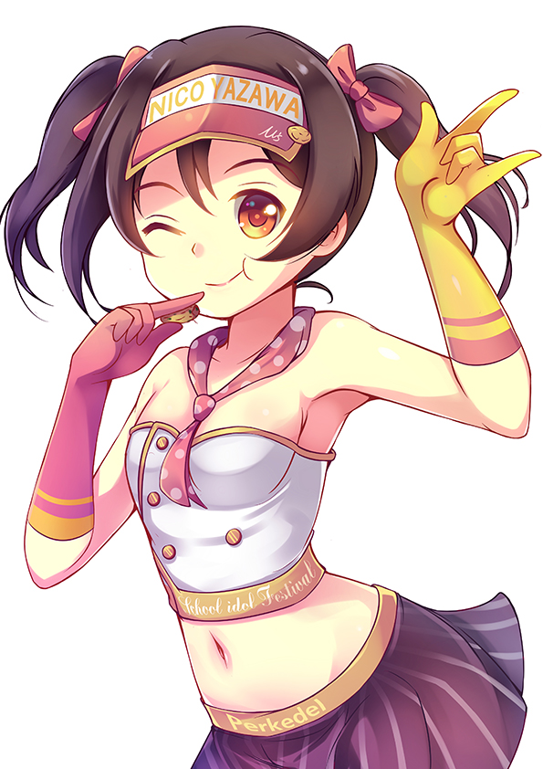 1girl :t \m/ black_hair brown_eyes eating euforia gloves love_live!_school_idol_festival love_live!_school_idol_project midriff mismatched_gloves navel one_eye_closed pink_gloves simple_background skirt solo twintails visor_cap white_background yazawa_nico yellow_gloves