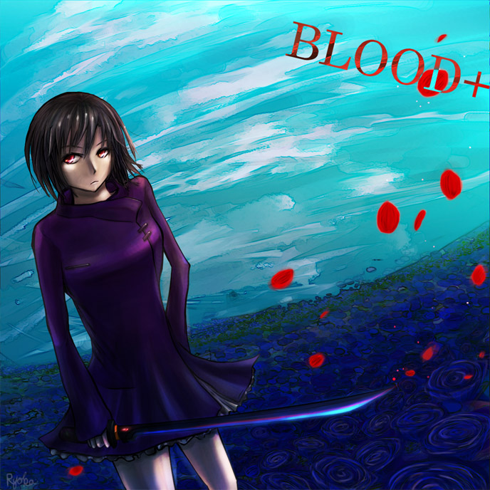 1girl black_hair blood+ breasts dress katana otonashi_saya red_eyes short_hair skirt solo sword weapon