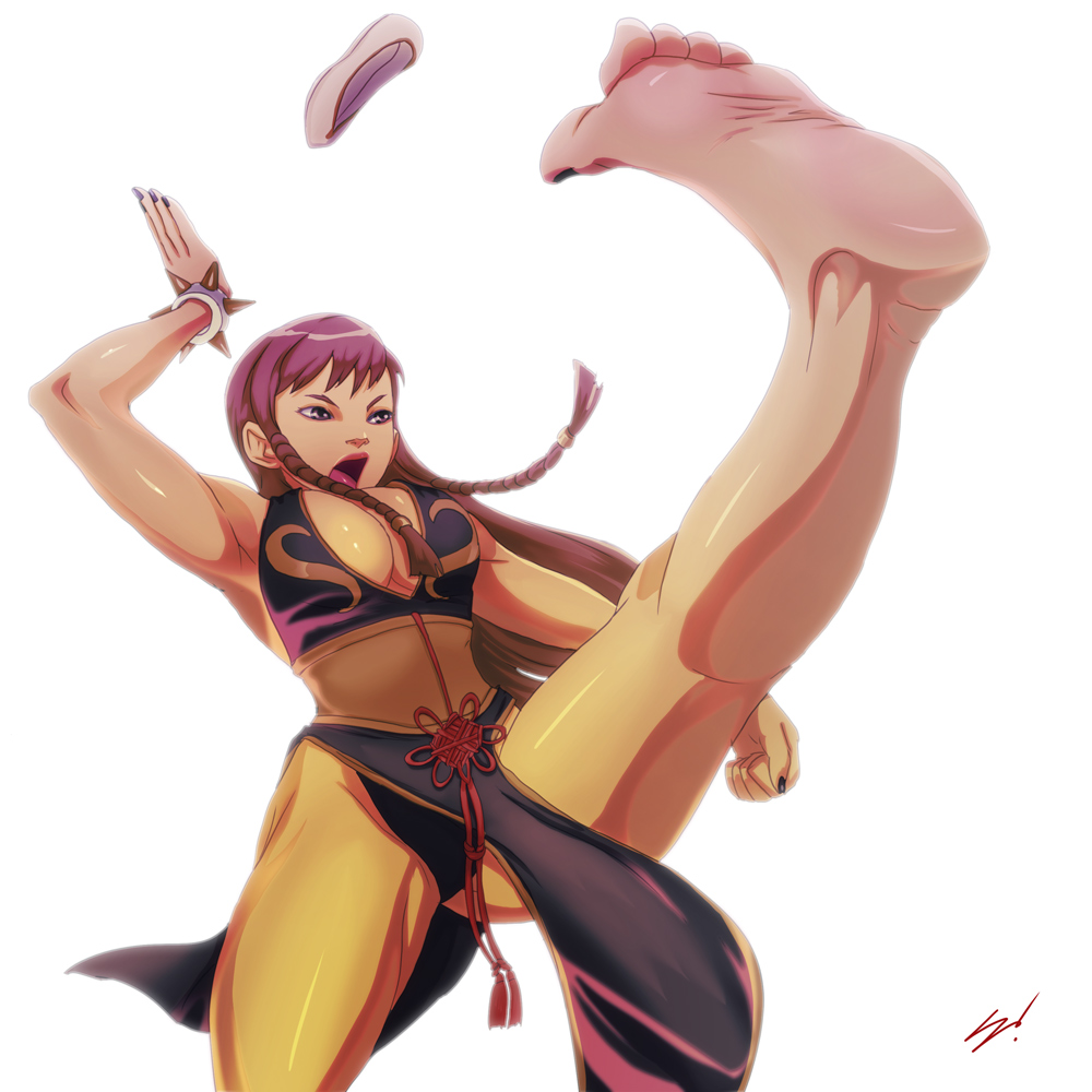 1girl alternate_costume alternate_hairstyle barefoot black_panties breasts brown_hair china_dress chinese_clothes chun-li cleavage dress feet kick leg_up panties pantyshot scamwich shoes_removed soles solo street_fighter street_fighter_v toes underwear