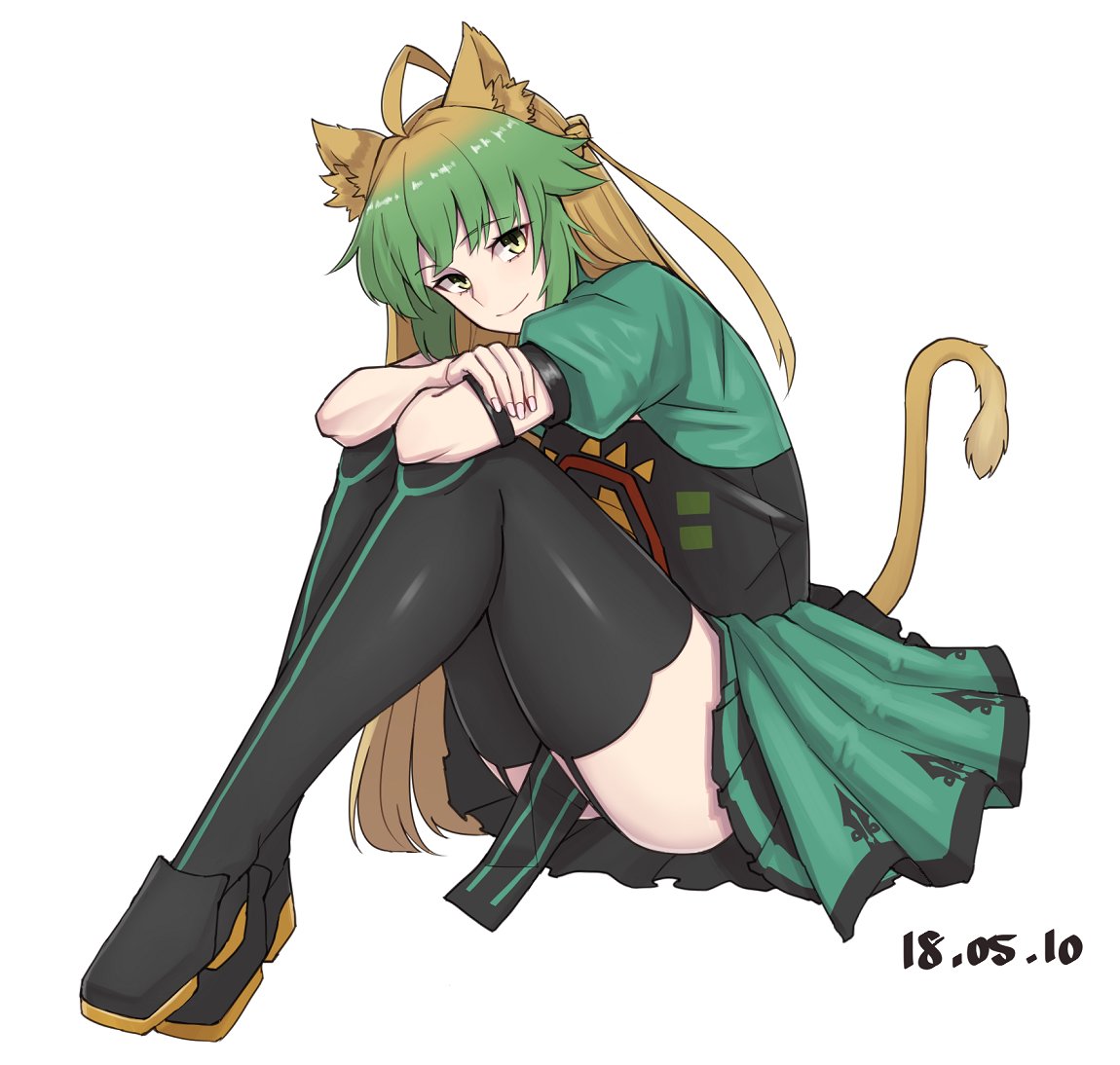 1girl ahoge animal_ears atalanta_(fate) blonde_hair boots cat_ears cat_tail dated eyebrows fate/apocrypha fate/grand_order fate_(series) green_hair knees_to_chest long_hair looking_at_viewer michihasu multicolored_hair smile solo tabard tail thigh-highs thigh_boots thighs white_background yellow_eyes