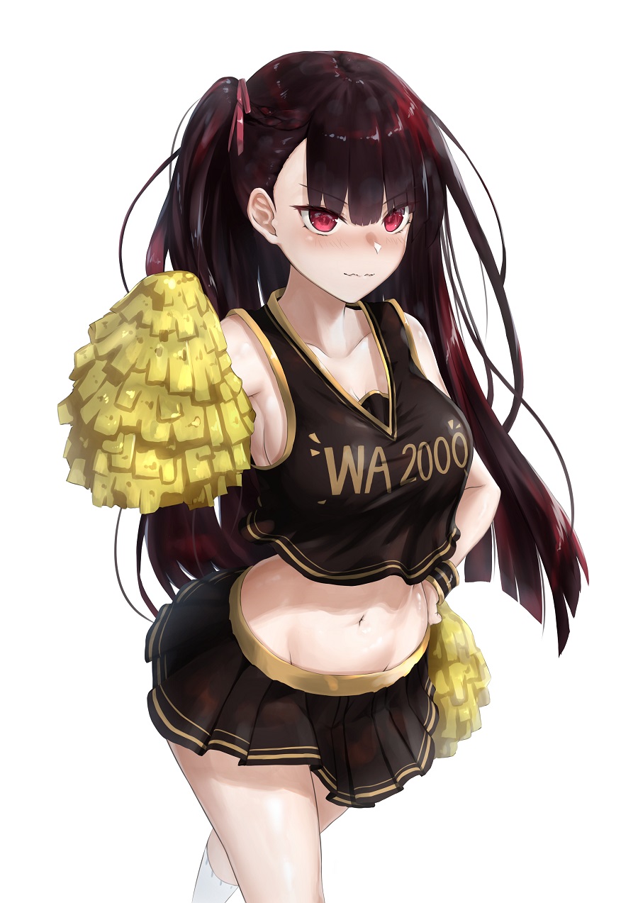 1girl bangs blush breasts chaciooh cheerleader clothes_writing collarbone commentary_request crop_top eyebrows_visible_through_hair girls_frontline hair_ribbon half_updo hand_on_hip highres kneehighs large_breasts long_hair looking_at_viewer midriff navel one_side_up pleated_skirt pom_poms purple_hair red_eyes red_ribbon revision ribbon sidelocks signature simple_background skirt sleeveless solo standing very_long_hair wa2000_(girls_frontline) white_background white_legwear wristband