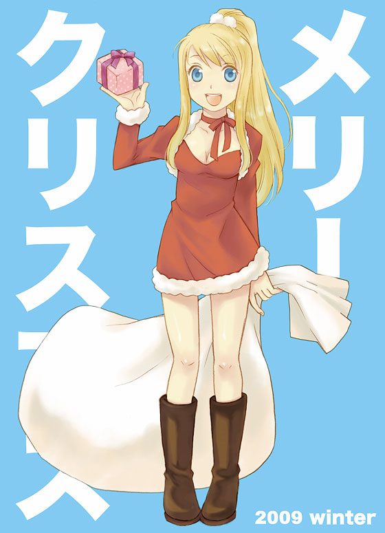 00s 1girl 2009 artist_request blonde_hair blue_background blue_eyes boots breasts brown_boots cleavage cropped_jacket dress earrings fullmetal_alchemist fur_trim gift happy holding holding_gift jewelry knee_boots long_hair merry_christmas neck_ribbon open_mouth ponytail red_dress red_ribbon ribbon sack solo translated watermark web_address winry_rockbell winter