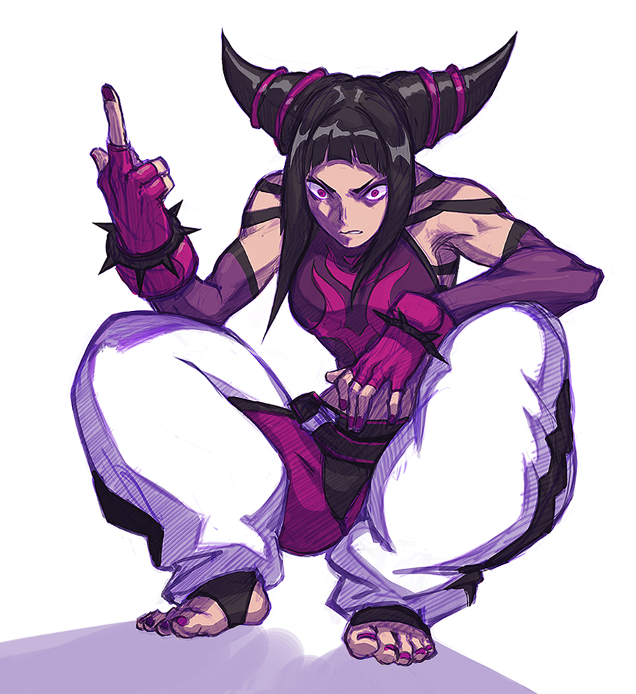 1girl angry baggy_pants bare_shoulders barefoot black_hair detached_sleeves dudou feet fingerless_gloves full_body gloves han_juri liyart middle_finger midriff pants short_twintails squatting street_fighter street_fighter_iv super_street_fighter_iv toeless_socks toenail_polish toes twintails violet_eyes