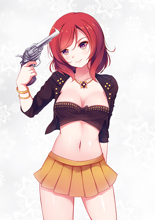 1girl bracelet breasts cleavage collarbone dream_trigger euforia finger_on_trigger gun gun_to_head head_tilt holding holding_gun holding_weapon jewelry looking_at_viewer love_live! love_live!_school_idol_project navel nishikino_maki photo_reference pile_(seiyuu) redhead seiyuu_connection short_hair skirt smile solo strapless tubetop violet_eyes weapon