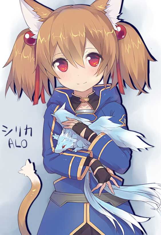 1girl animal_ears blue_jacket blush brown_hair cat_ears cat_print cat_tail dragon hair_bobbles hair_ornament hair_ribbon holding_to_chest jacket looking_at_viewer niranome pina_(sao) red_eyes red_ribbon ribbon short_hair short_twintails silica_(sao-alo) smile solo sword_art_online tail twintails upper_body