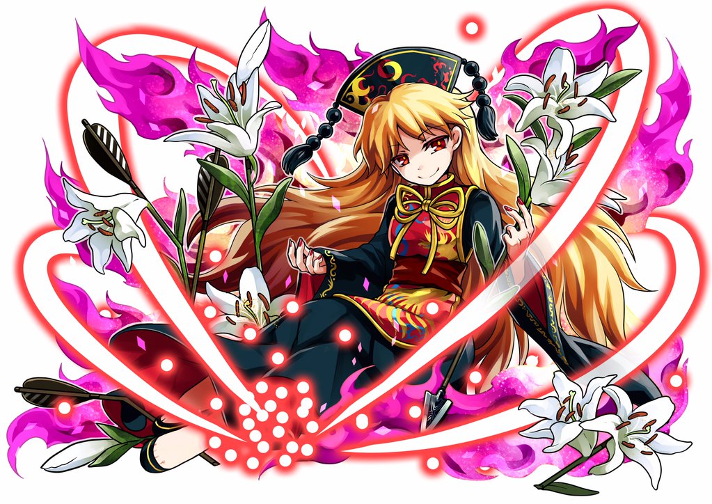 1girl black_dress chinese_clothes danmaku dress flower fox_tail full_body hat junko_(touhou) laser lily_(flower) long_hair long_sleeves looking_at_viewer multiple_tails orange_hair red_eyes ribbon sash sitting smile socha solo tabard tail touhou white_background wide_sleeves