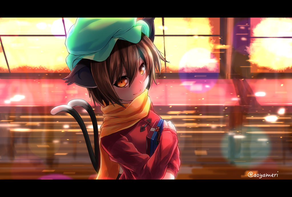 1girl animal_ears aono_meri brown_hair cat_ears cat_tail chen coat hat letterboxed long_sleeves looking_at_viewer mob_cap multiple_tails orange_eyes scarf short_hair smile solo tail touhou twitter_username