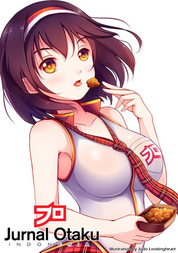 1girl armpits artist_name bare_shoulders black_hair breasts brown_eyes eating euforia female hair_between_eyes hairband large_breasts looking_at_viewer necktie open_mouth original plaid plaid_necktie school_uniform short_hair sleeveless solo