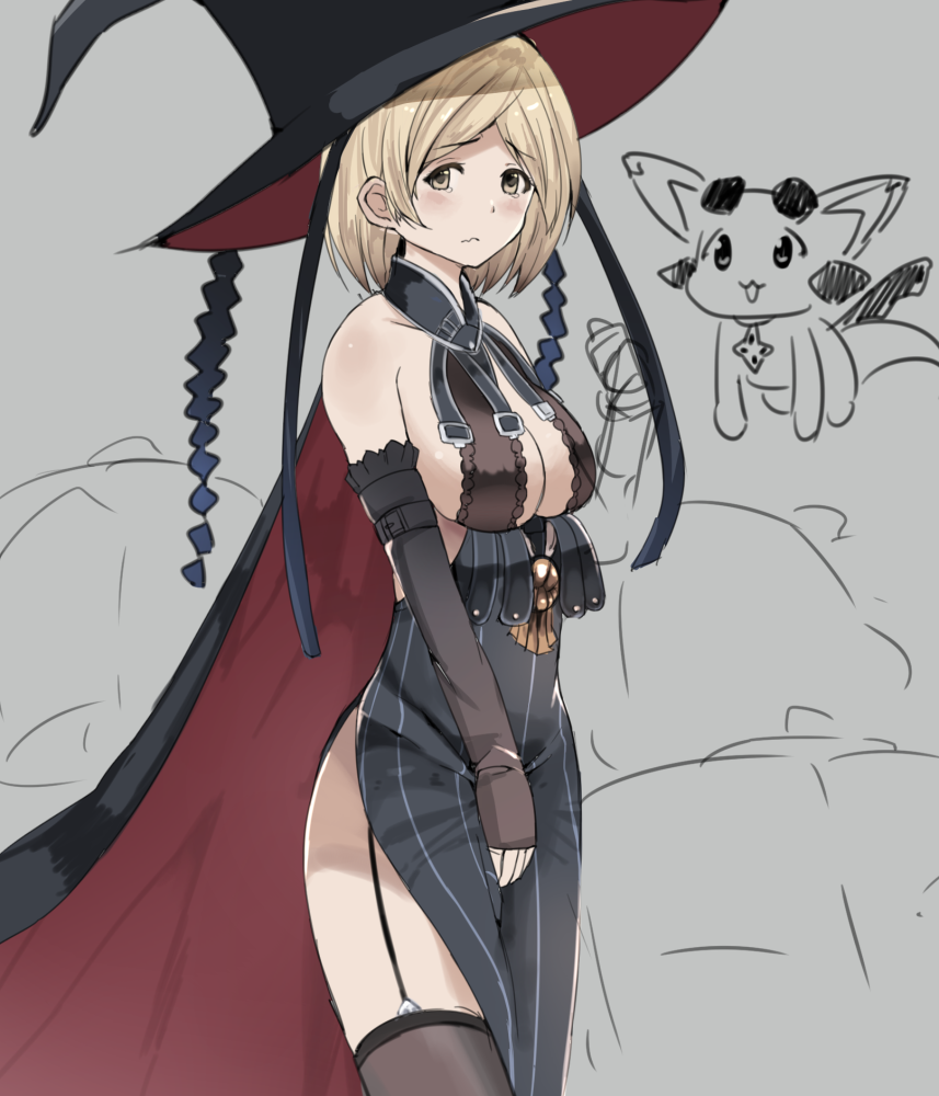 1girl bare_shoulders black_dress black_legwear blonde_hair blush breasts cape cleavage cleavage_cutout cosplay detached_sleeves djeeta_(granblue_fantasy) dragon dress garter_straps granblue_fantasy grey_background hat long_sleeves magisa_(granblue_fantasy) magisa_(granblue_fantasy)_(cosplay) no_bra pelvic_curtain rokuromi short_hair side_slit sideboob simple_background sleeves_past_wrists solo tears thigh-highs vee_(granblue_fantasy) wavy_mouth witch_hat yellow_eyes