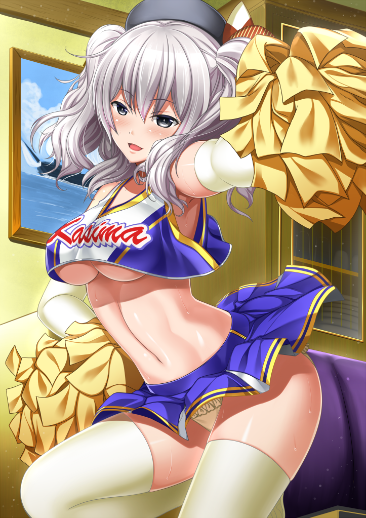 1girl :d bangs beret blue_skirt blush breasts character_name cheerleader closet clothes_writing crop_top crop_top_overhang female frame glass gloves grey_eyes hair_between_eyes hand_on_hip hat indoors kantai_collection kashima_(kantai_collection) large_breasts long_hair midriff miniskirt navel open_mouth outstretched_arm panties pantyshot pantyshot_(standing) photo_(object) pom_poms shibata_rai shiny shiny_skin silver_hair skirt skirt_lift sleeveless smile solo standing striped thigh-highs two_side_up under_boob underwear upskirt white_gloves white_legwear wind wind_lift