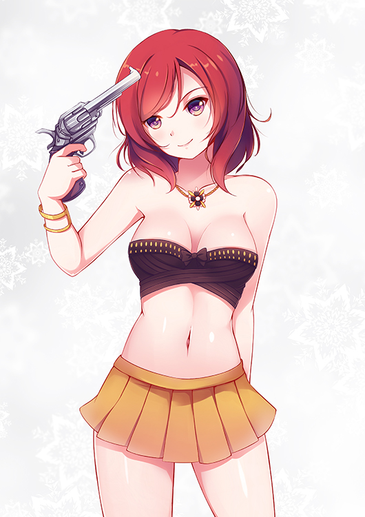 1girl bare_shoulders bracelet breasts cleavage collarbone dream_trigger euforia finger_on_trigger gun gun_to_head head_tilt holding holding_gun holding_weapon jewelry looking_at_viewer love_live! love_live!_school_idol_project navel nishikino_maki photo_reference pile_(seiyuu) redhead seiyuu_connection short_hair skirt smile solo strapless tubetop violet_eyes weapon