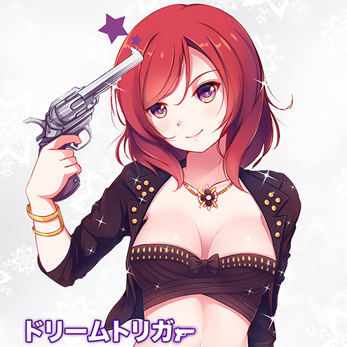 1girl bracelet breasts cleavage collarbone copyright_name dream_trigger euforia finger_on_trigger gun gun_to_head head_tilt holding holding_gun holding_weapon jewelry looking_at_viewer love_live! love_live!_school_idol_project lowres navel nishikino_maki photo_reference pile_(seiyuu) redhead seiyuu_connection short_hair skirt solo strapless tubetop violet_eyes weapon