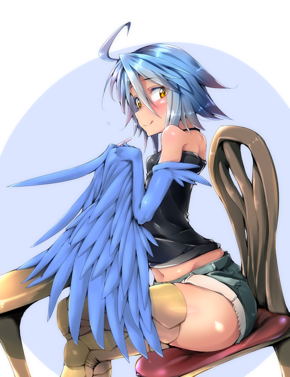1girl :p ahoge blue_hair blue_wings chair feathered_wings harpy highres legs_crossed monster_girl monster_musume_no_iru_nichijou navel papi_(monster_musume) scales shiny shiny_skin short_shorts shorts sitting smile solo table tongue tongue_out uno_ryoku wings yellow_eyes
