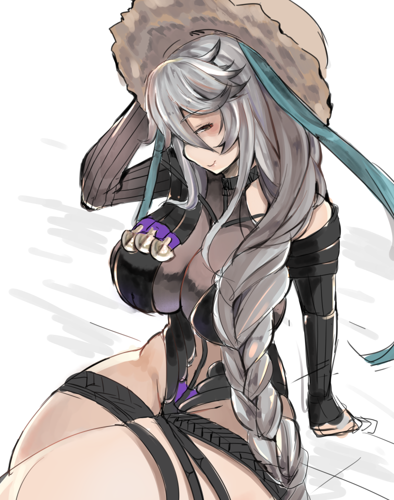 1girl adapted_costume alternate_hairstyle bangs blush braid breasts brown_eyes cleavage curvy detached_sleeves granblue_fantasy grin hair_between_eyes hair_over_shoulder hat huge_breasts large_breasts leotard long_hair long_sleeves looking_at_viewer magisa_(granblue_fantasy) rokuromi silver_hair simple_background single_braid sitting sketch smile solo sun_hat thick_thighs very_long_hair white_background wide_hips