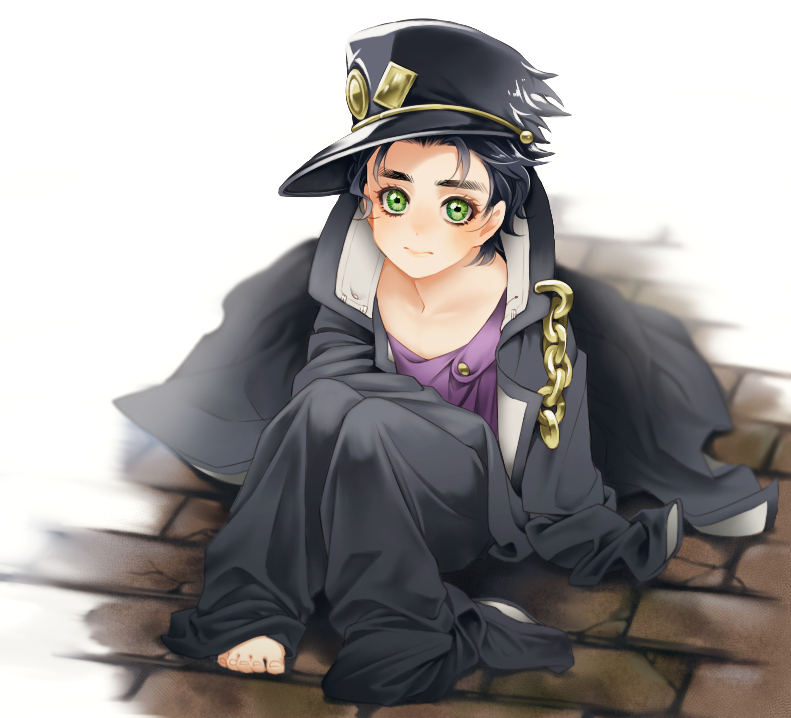 1boy age_regression barefoot black_hair brick_floor chains child full_body gakuran green_eyes hat jojo_no_kimyou_na_bouken kobayashi_(oksk0x0) kuujou_joutarou male_focus oversized_clothes school_uniform sitting smile solo younger