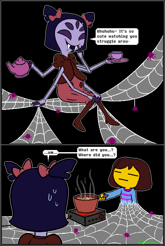 1girl androgynous black_hair brown_hair claws comic cooking cup english extra_arms extra_eyes fangs food frisk_(undertale) gameplay_mechanics hand_to_own_mouth insect_girl instant_ramen monster_girl muffet noodles plate pot silk sitting spider spider_girl spider_web steam stove sweat teacup teapot tikara undertale