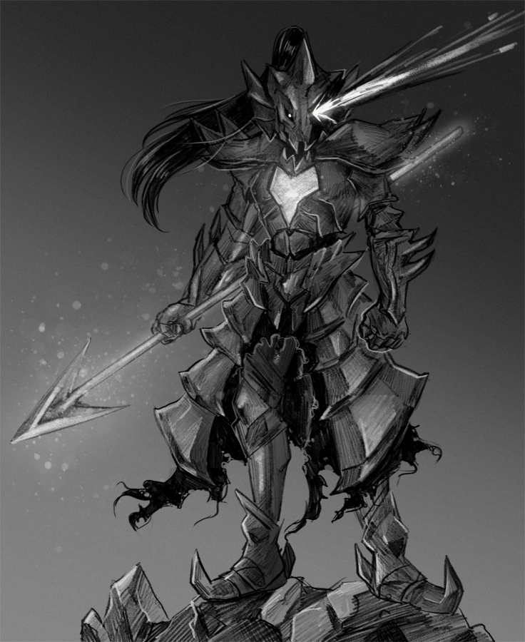 1girl adapted_costume armor clenched_hand dark_souls dragon_slayer_ornstein full_armor full_body gauntlets glowing glowing_eye glowing_eyes grey_background greyscale long_hair monochrome noszle polearm ponytail rock shoulder_pads simple_background souls_(from_software) spear standing undertale undyne undyne_the_undying weapon