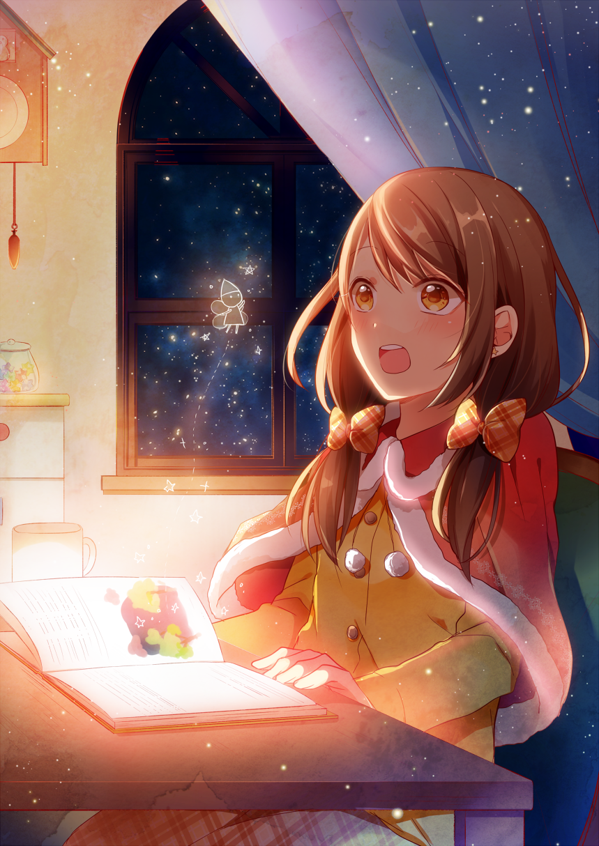1girl book bow box brown_eyes brown_hair brown_skirt buttons cape checkered checkered_skirt cuckoo_clock cup curtains dust fur_trim green_shirt hair_bow highres indoors long_skirt long_sleeves low_twintails magic night night_sky open_book open_mouth orange_bow original red_cape shelf shiina_maumi shirt short_hair skirt sky solo star_(sky) starry_sky storybook twintails window
