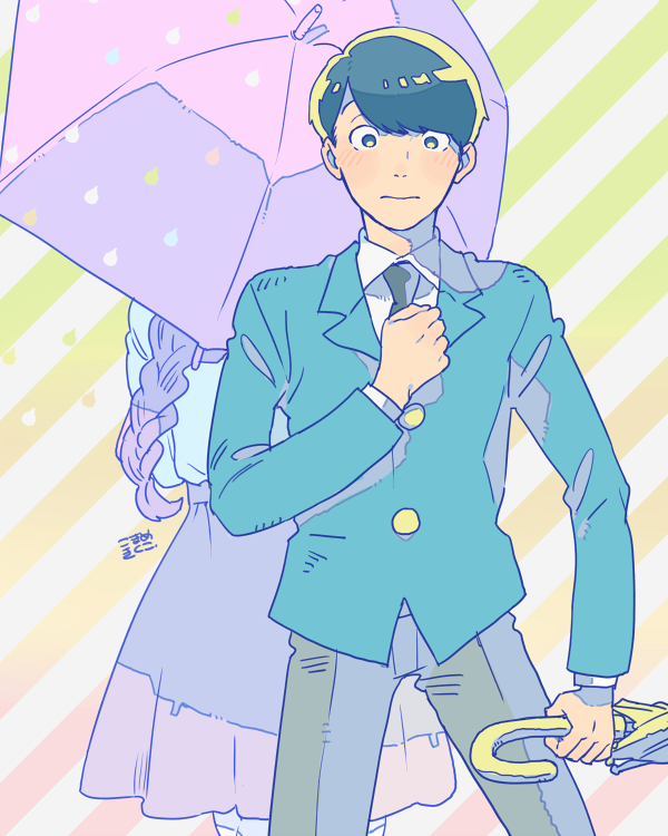1boy 1girl back back-to-back bangs black_hair black_necktie blue_jacket blue_shirt blunt_bangs blush braid buttons clenched_hand closed_mouth closed_umbrella dress_shirt formal hetero holding holding_umbrella jacket juushimatsu's_girlfriend jyushimatsu's_girlfriend legs_apart long_hair long_sleeves matsuno_juushimatsu matsuno_jyushimatsu mosuko necktie nervous osomatsu-kun osomatsu-san pants shirt skirt standing striped striped_background suit umbrella water_drop white_shirt