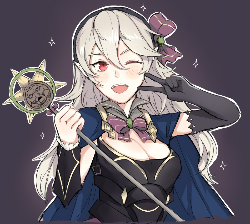 1girl alternate_costume armor blush breasts cape cleavage fire_emblem fire_emblem_if hairband kachiino looking_at_viewer my_unit_(fire_emblem_if) open_mouth pointy_ears red_eyes smile solo upper_body v wand wink