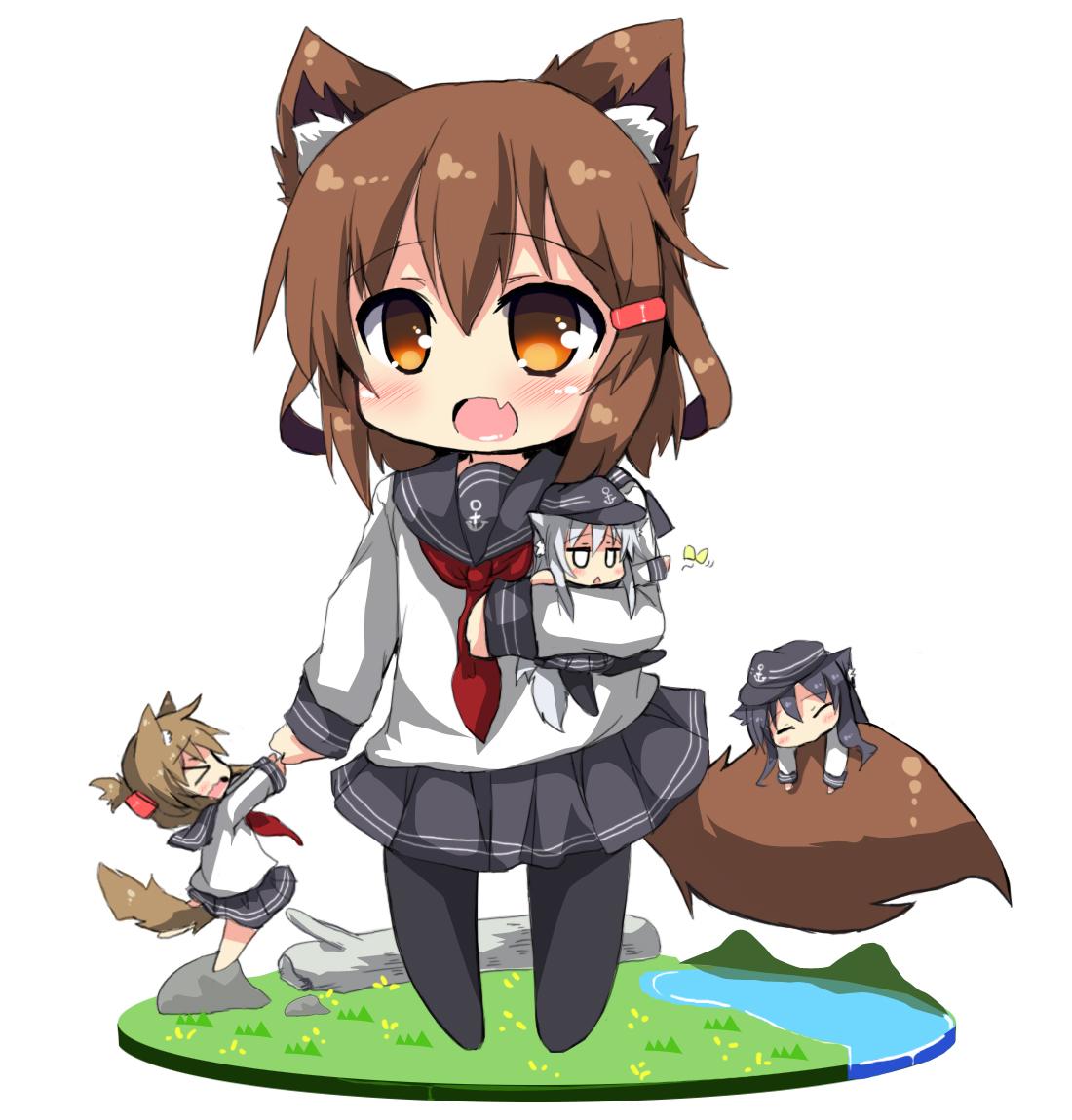 &gt;_&lt; 4girls akatsuki_(kantai_collection) anchor_symbol animal_ears brown_eyes brown_hair butterfly carrying closed_eyes commentary_request fang flat_cap folded_ponytail hair_ornament hairclip hand_holding hat hibiki_(kantai_collection) ikazuchi_(kantai_collection) inazuma_(kantai_collection) kantai_collection kemonomimi_mode log long_hair lying_on_person minigirl multiple_girls neckerchief open_mouth oshiruko_(uminekotei) pantyhose purple_hair school_uniform serafuku short_hair silver_hair skirt solid_circle_eyes tail