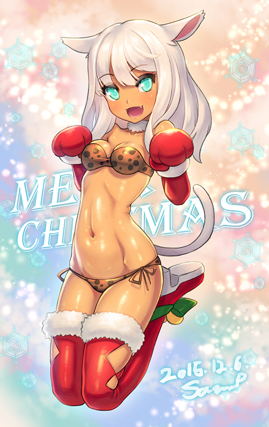 1girl :d animal_ears aqua_eyes bikini blush boots breasts cat_ears cat_tail christmas cleavage dark_skin ecell elbow_gloves fang final_fantasy final_fantasy_xiv gloves leopard_print long_hair looking_at_viewer merry_christmas miqo'te navel open_mouth paw_gloves paw_pose red_gloves red_legwear side-tie_bikini small_breasts smile solo swimsuit tail thigh-highs thigh_boots white_hair