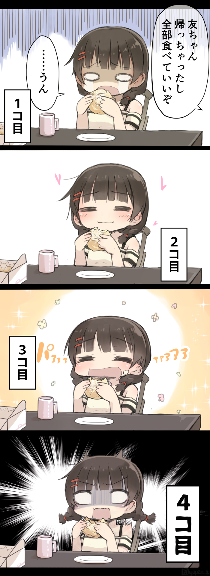 1girl 4koma =_= bare_shoulders blank_eyes box braid brown_hair chair comic commentary_request crying crying_with_eyes_open cup eating food hair_ornament hairclip heart highres holding holding_food long_hair mug open_mouth original plate sitting solo surprised table tears translation_request twin_braids upper_body yopan_danshaku