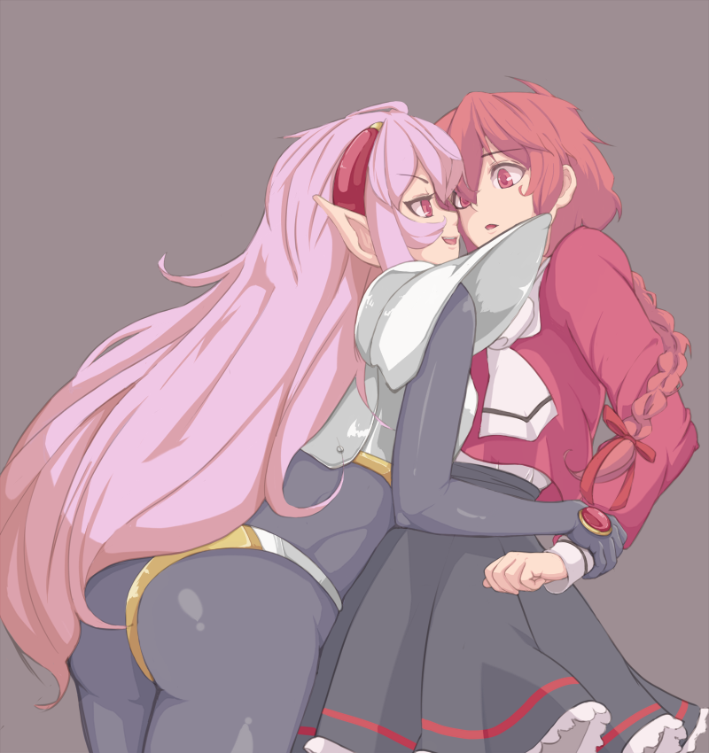 2girls 90s :d :o armor ass bodysuit braid eye_contact female gem grey_background hair_between_eyes incipient_kiss long_hair looking_at_another magic_knight_rayearth multiple_girls naughty_face no/min_(noumin_suijun) nova_(rayearth) open_mouth pink_eyes pink_hair pointy_ears profile red_eyes redhead school_uniform shidou_hikaru shy simple_background single_braid skirt smile wrist_grab yuri