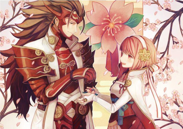 1boy 1girl armor brother_and_sister brown_eyes brown_hair cape cherry_blossoms fire_emblem fire_emblem_if gauntlets gloves long_hair official_art open_mouth pink_eyes pink_hair ryouma_(fire_emblem_if) sakura_(fire_emblem_if) siblings tree