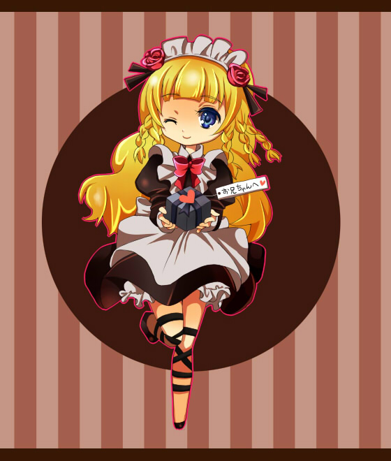 1girl apron blonde_hair blue_eyes braid brown_background dress flower frills hairband long_hair maid maid_apron maid_headdress one_eye_closed present ribbon rose shirley_fennes shoes smile tales_of_(series) tales_of_legendia wink