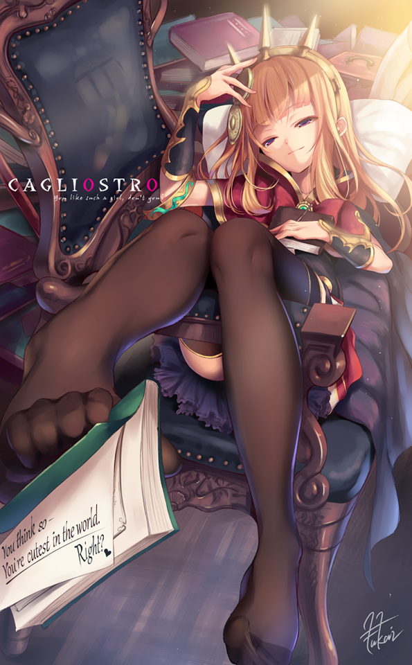 1girl arm_guards artist_name bangs black_legwear blunt_bangs book bracelet cagliostro_(granblue_fantasy) cape case chair character_name dress engrish feet foot_hold fukai_ryousuke granblue_fantasy half-closed_eyes jewelry legs light_rays looking_at_viewer lying no_shoes on_back orange_hair purple_dress ranguage smile smirk solo spiked_hairband sunlight thigh-highs toes violet_eyes