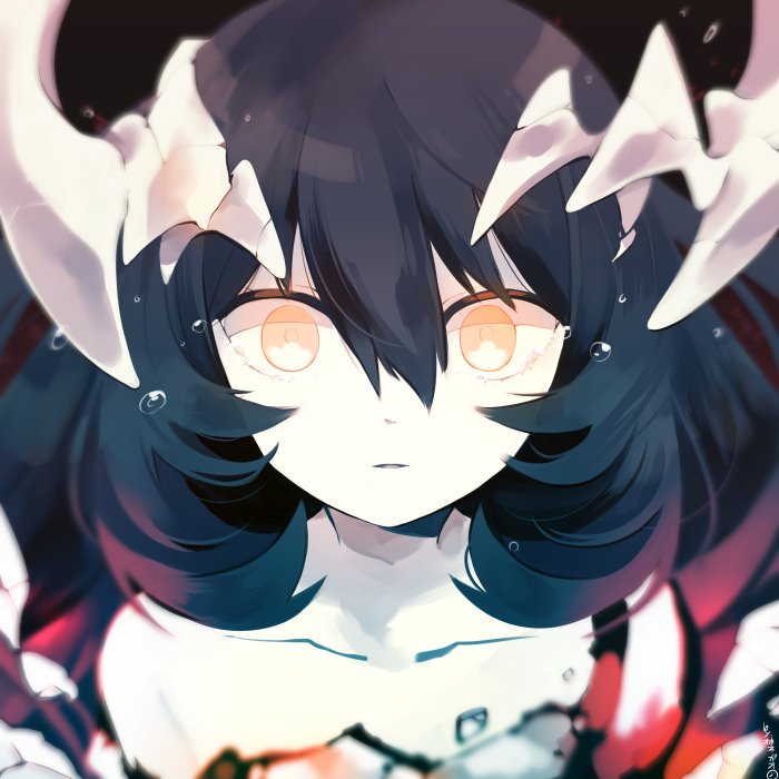 1girl anchorage_water_oni bare_shoulders black_hair bubble commentary_request dress glowing horns kantai_collection long_hair pale_skin shinkaisei-kan solo very_long_hair white_dress white_skin yellow_eyes yuzuki_gao